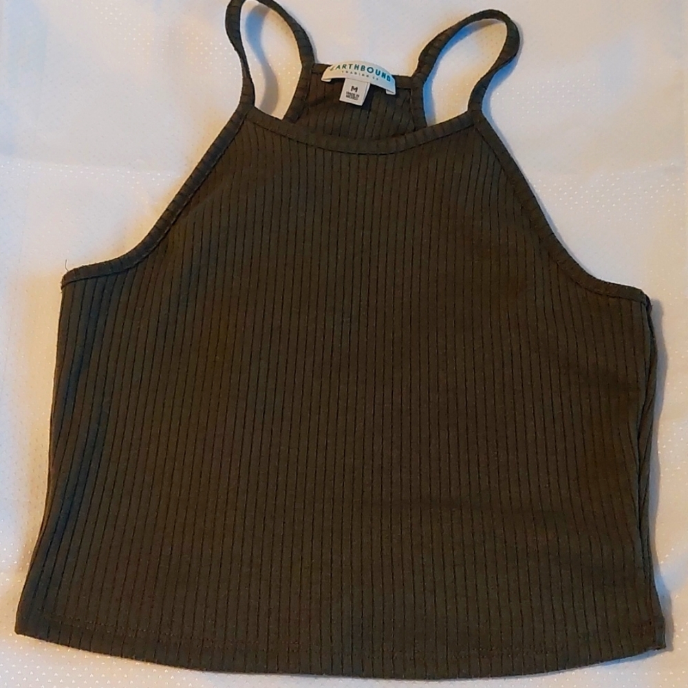 Olive Ribbed Halter Cropped Tank